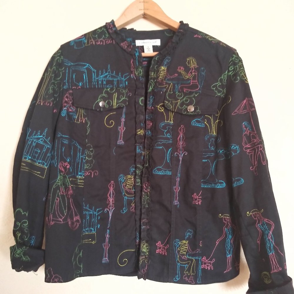 Coldwater Creek Black and Neon Embroidered Jacket Women's Small